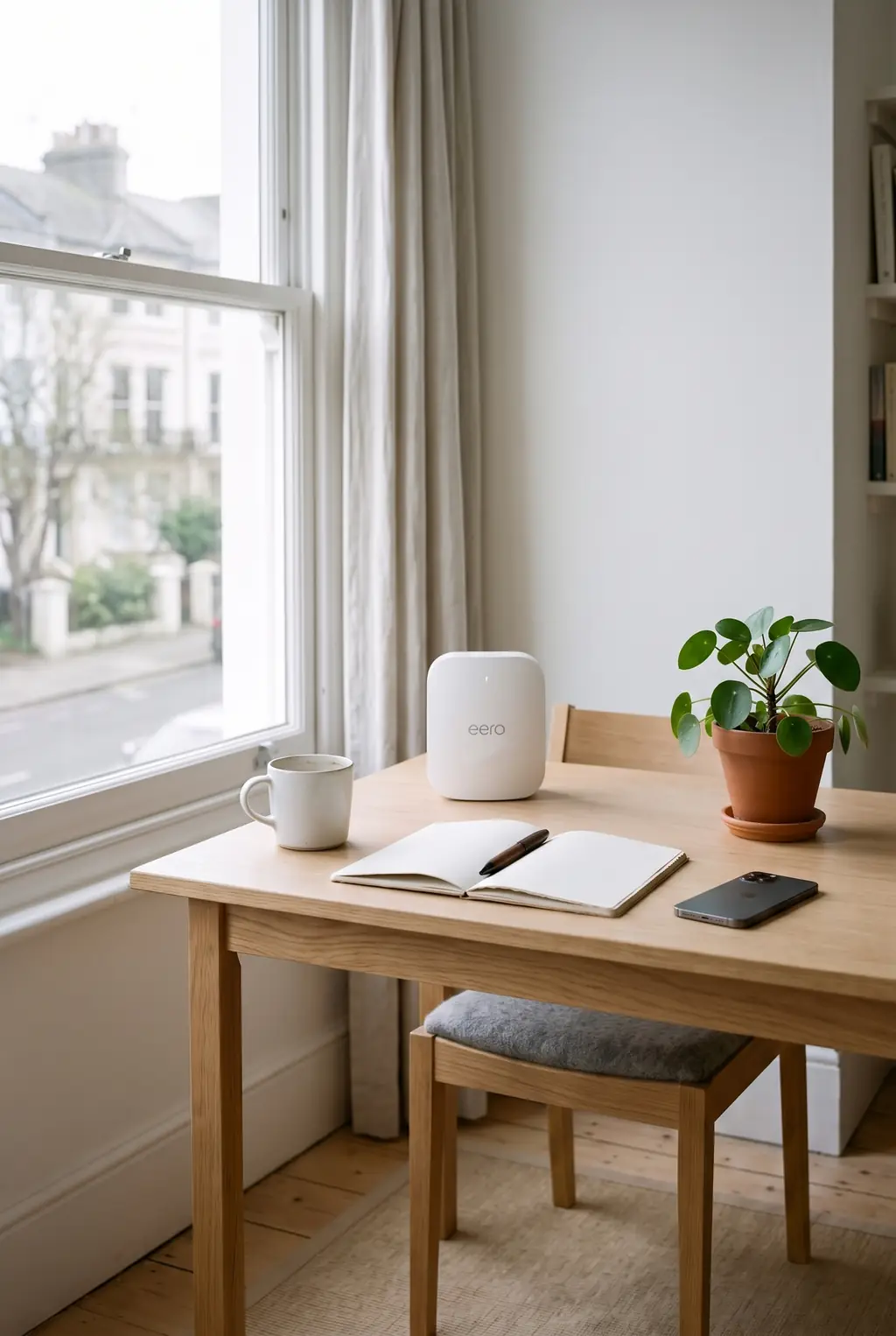 A Wi-Fi unit on a desk by a sash window