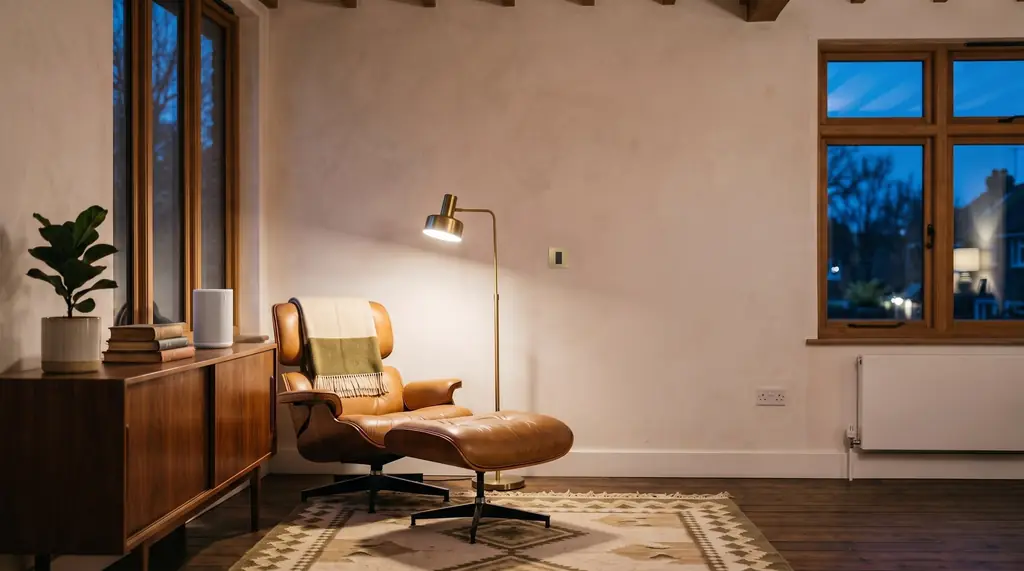 A mid-century living room in the evening with a brass keypad on the wall and a speaker on the sideboard