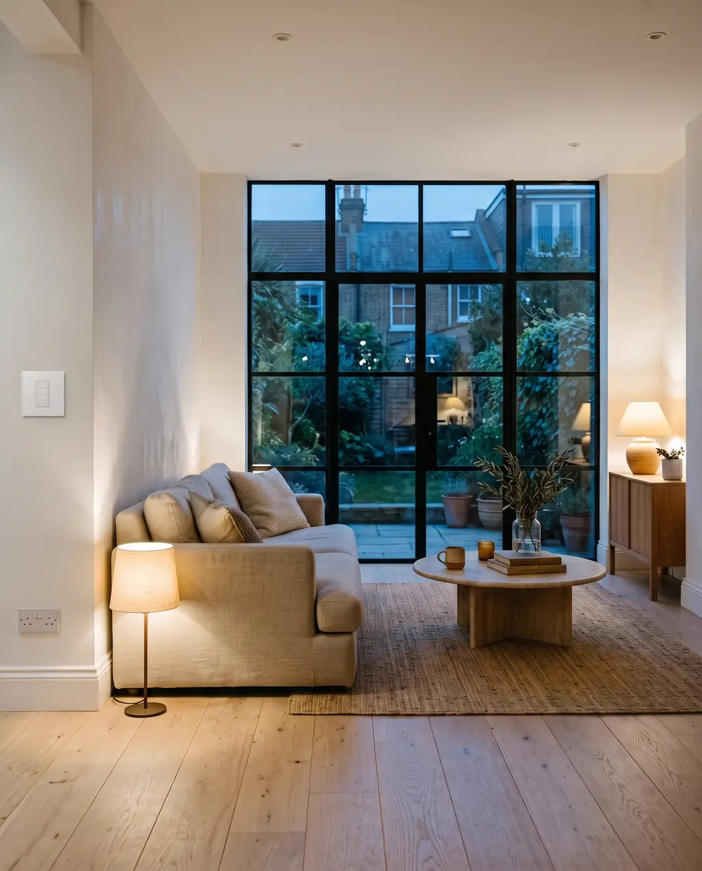 A modern living room at dusk with lamps on and a white scene button on the wall
