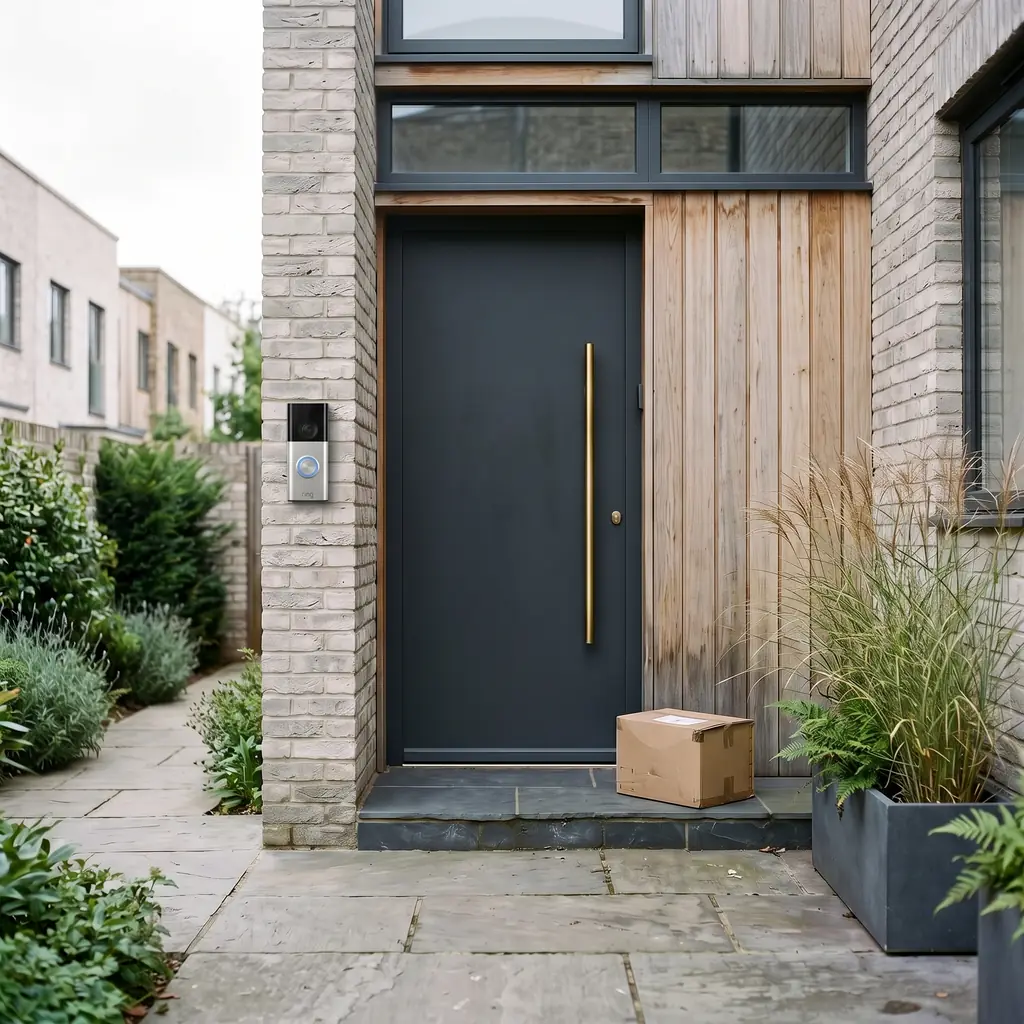 A contemporary front door with a video doorbell and a parcel on the step