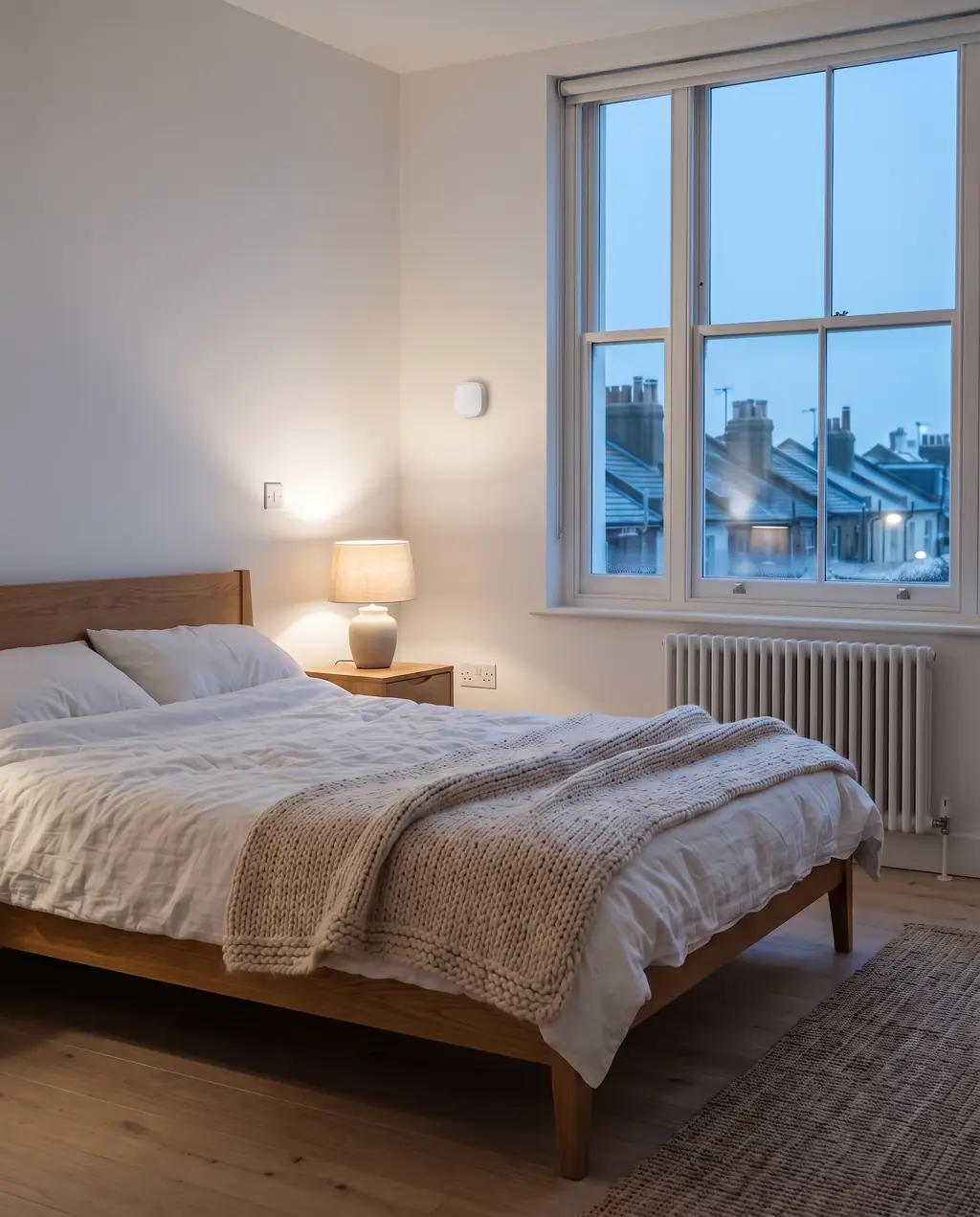 A bedroom at dusk with a bedside lamp on, a temperature sensor on the wall and a radiator under the window
