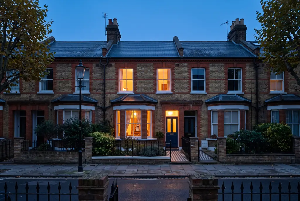 A terrace of Victorian houses at dusk with warm light in the windows