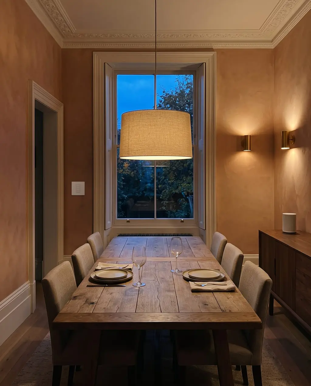 A dining room at dusk with the table laid and wall lights low