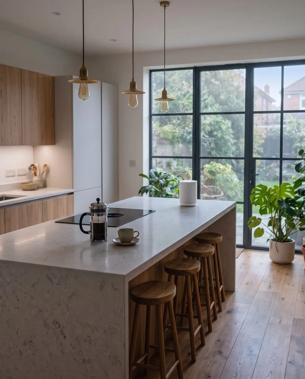 A kitchen island in morning light with a speaker by the window
