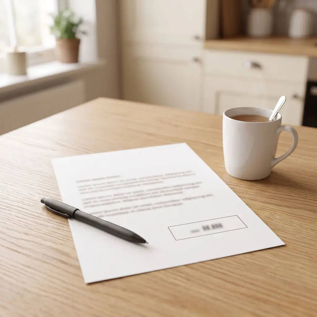 A written plan on a kitchen table beside a cup of tea